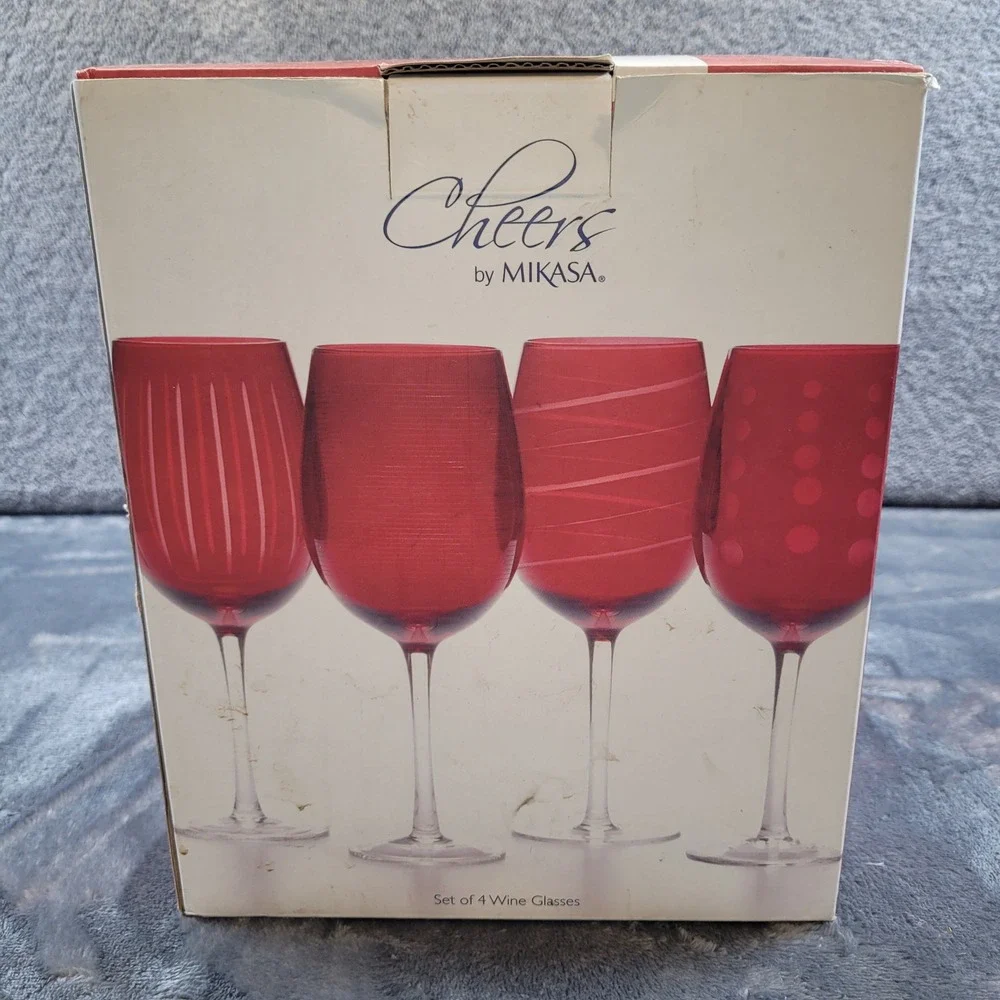 Mikasa Cheers Ruby Red Wine Glasses Set of 4 Etched Crystal Stemware 5072026